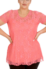 1052 Lace Lined Top Round Neck Short Sleeves Plus Size