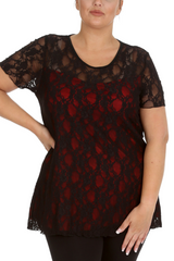 1052 Lace Lined Top Round Neck Short Sleeves Plus Size