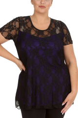 1052 Lace Lined Top Round Neck Short Sleeves Plus Size