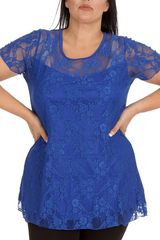 1052 Lace Lined Top Round Neck Short Sleeves Plus Size