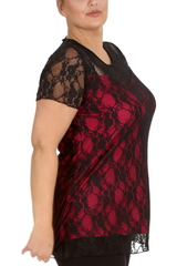 1052 Lace Lined Top Round Neck Short Sleeves Plus Size