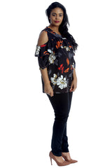 1311 Floral Print Cold Shoulder Top