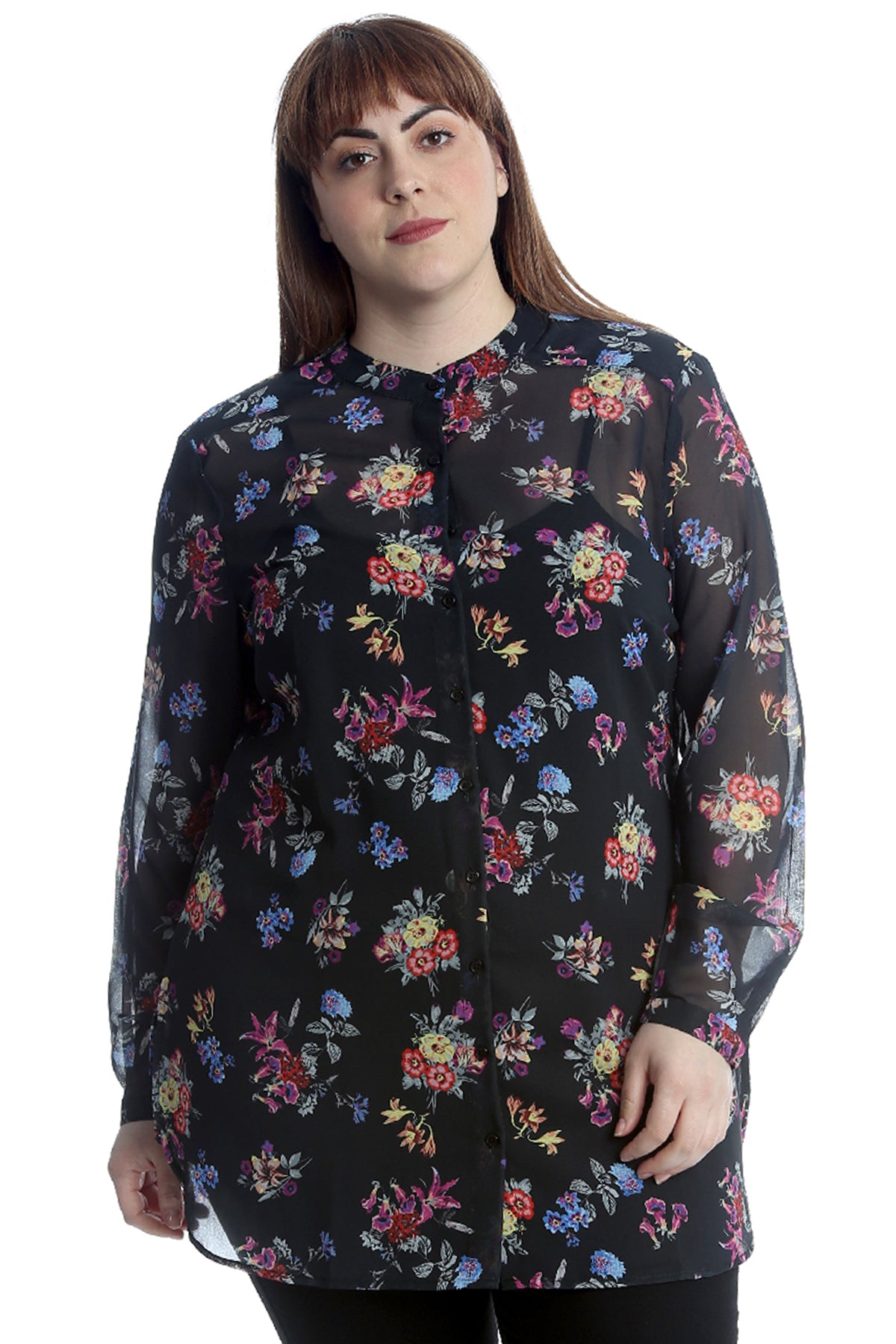1546 Floral Print Ban Collar Shirt