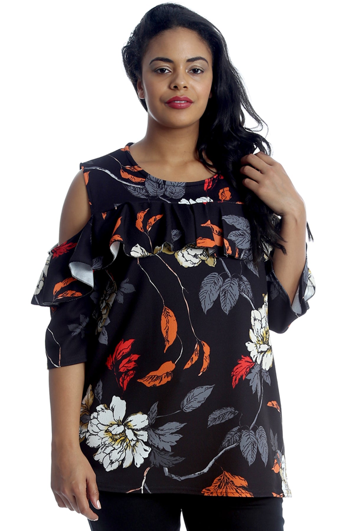 1311 Floral Print Cold Shoulder Top