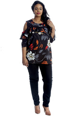 1311 Floral Print Cold Shoulder Top