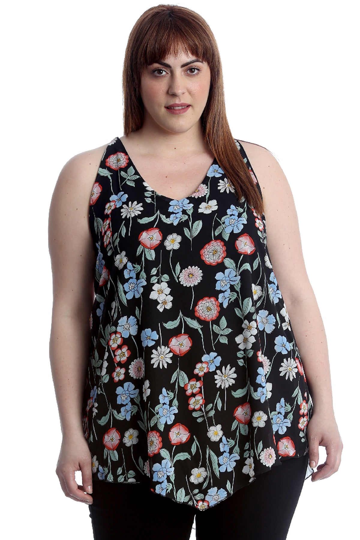 1525 Multi Floral Print Chiffon Hanky Hem Top