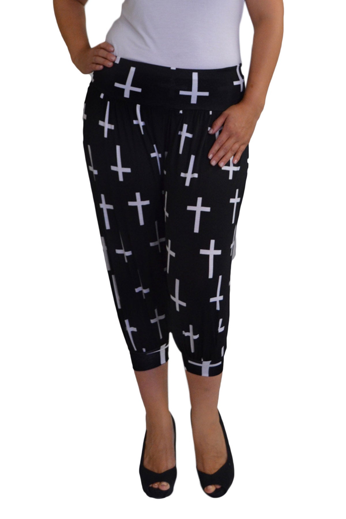 7099 Cropped Cross Print Harem Trouser