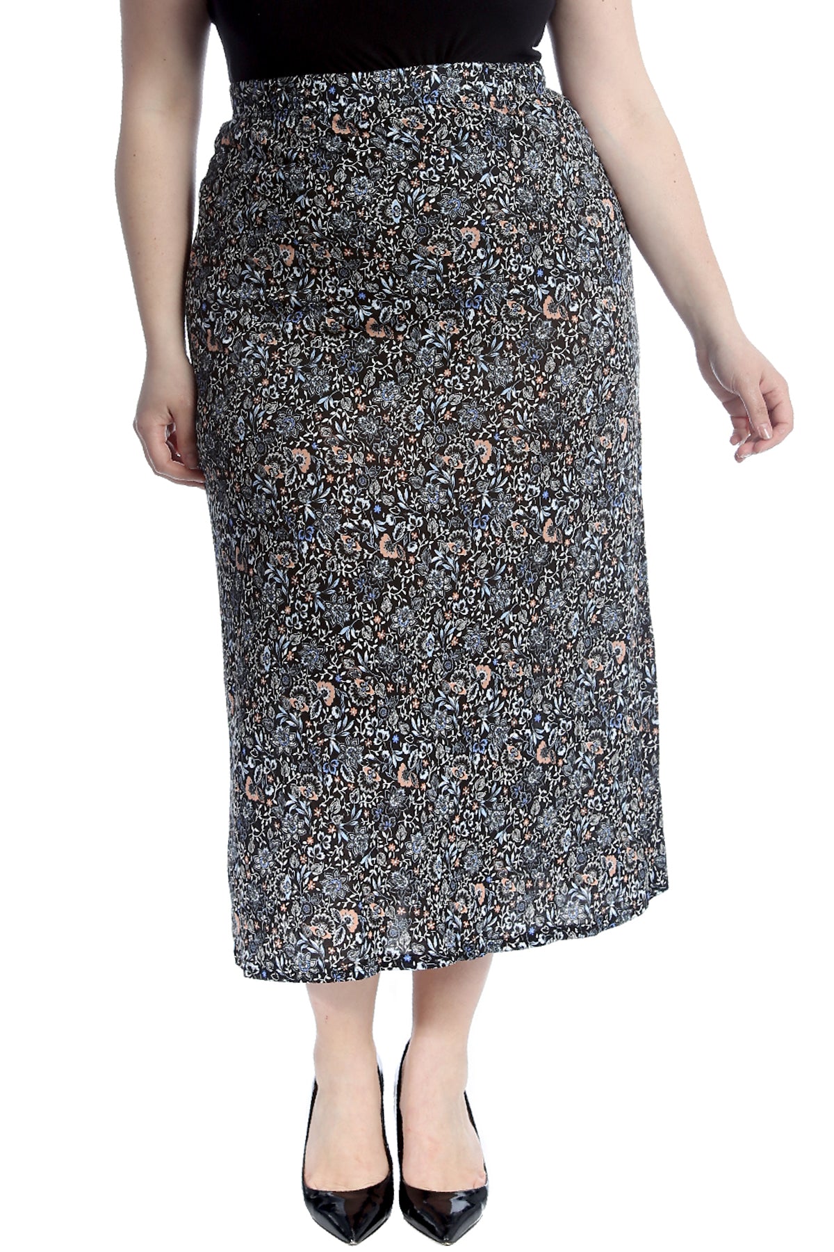 5039 Multi Floral Print Mid Calf Skirt