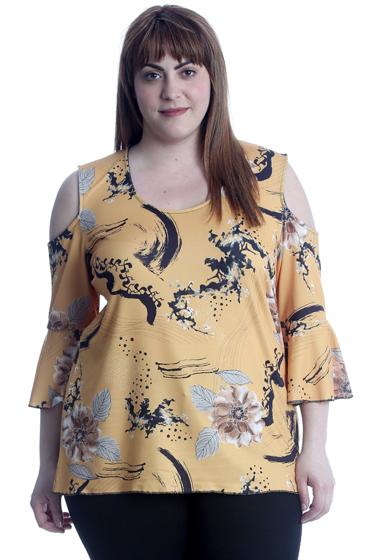 1652 Flower Print Cold Shoulder Bell Sleeve Top