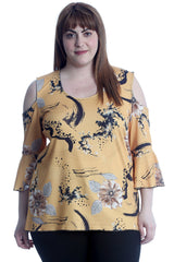 1652 Flower Print Cold Shoulder Bell Sleeve Top