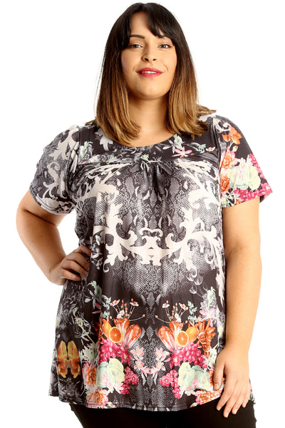 1711 Floral Fruit Print Smock Top