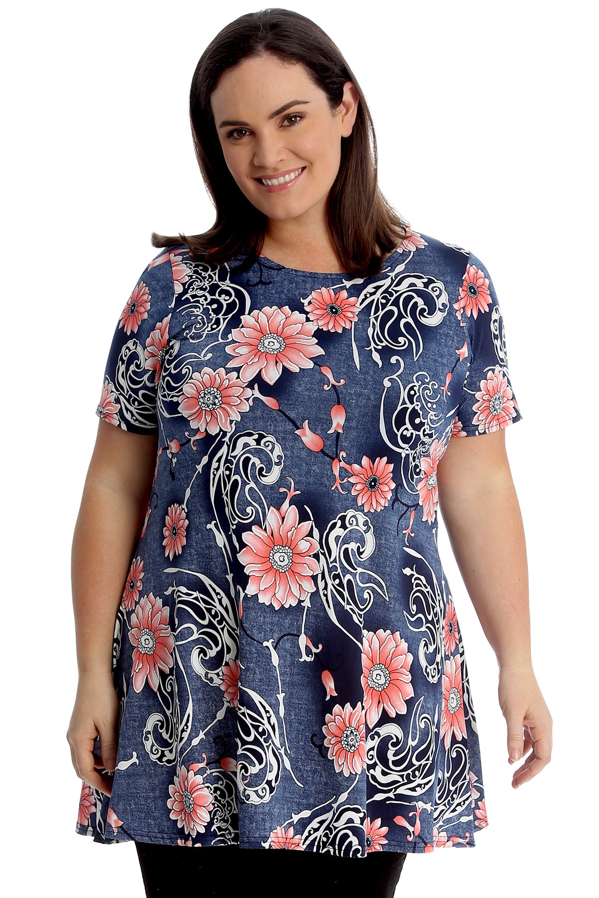 1731 Denim Style Floral Print Swing Top