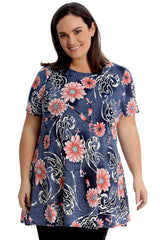1731 Denim Style Floral Print Swing Top