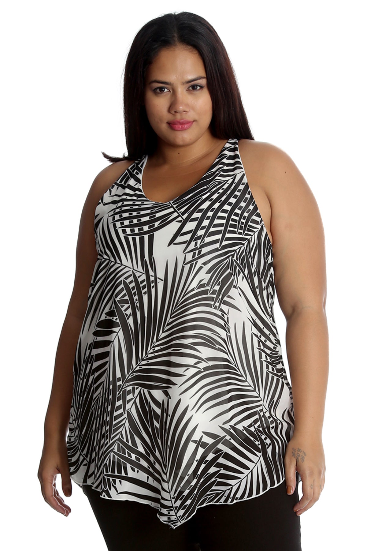 1486 Palm Leaf Print Chiffon Hanky Hem Top