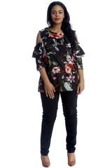 1402 Floral Print Cold Shoulder Top