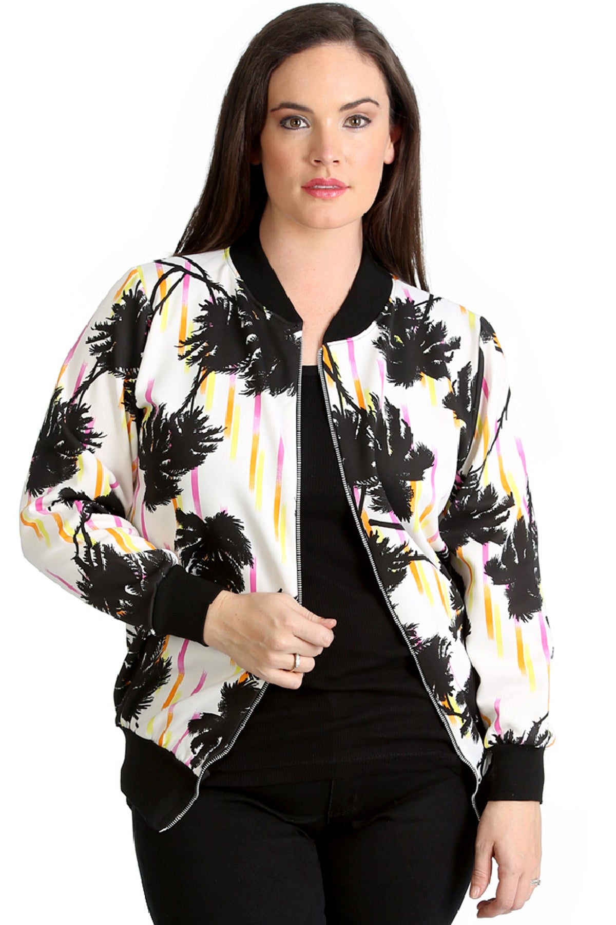 3191 Palm Tree Print Bomber Jacket