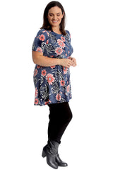 1731 Denim Style Floral Print Swing Top