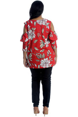1223 Floral Print Frill Cold Shoulder Top