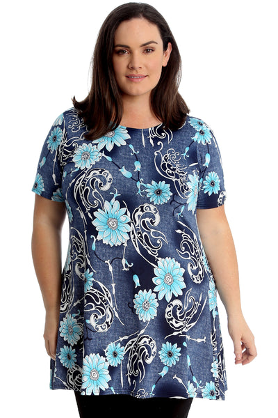 1731 Denim Style Floral Print Swing Top