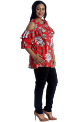 1223 Floral Print Frill Cold Shoulder Top