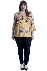 1652 Flower Print Cold Shoulder Bell Sleeve Top