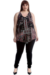 1511 Abstract Paisley Print Chiffon Hanky Hem Top