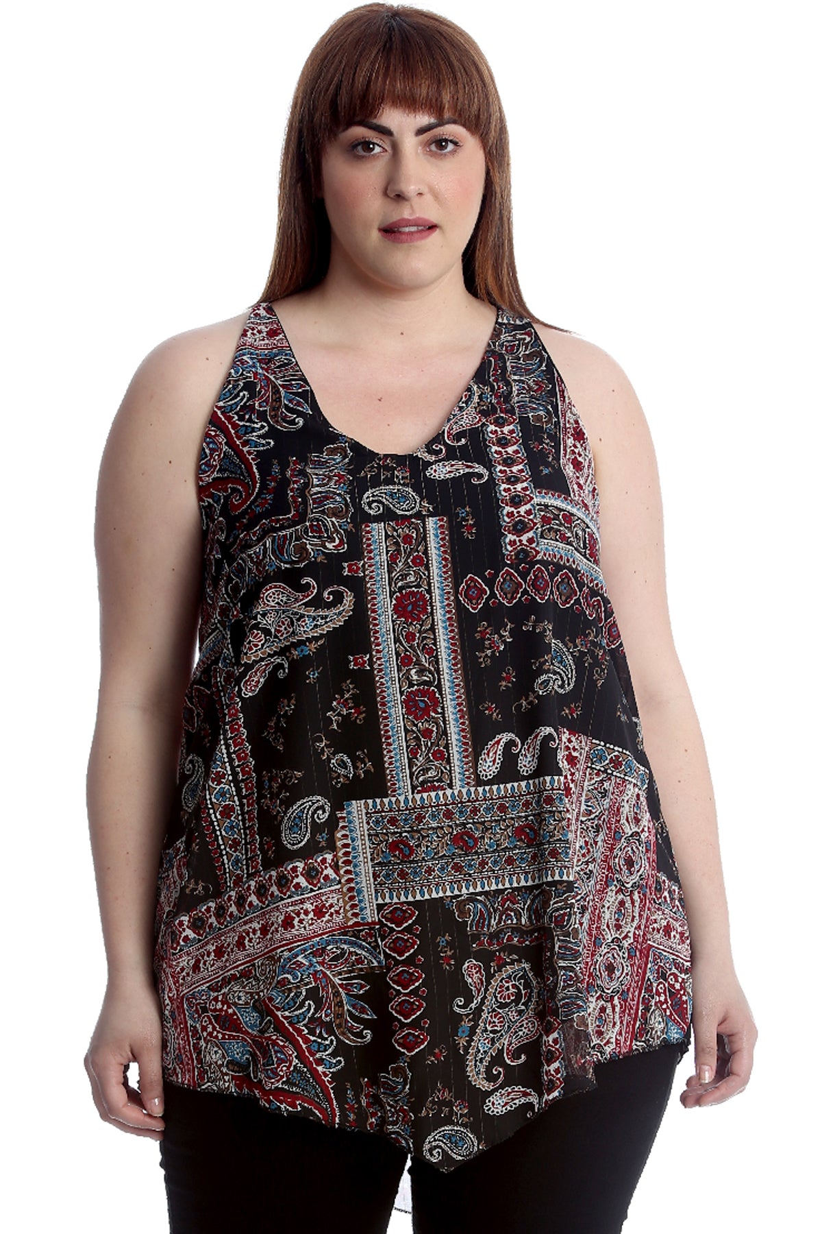 1511 Abstract Paisley Print Chiffon Hanky Hem Top