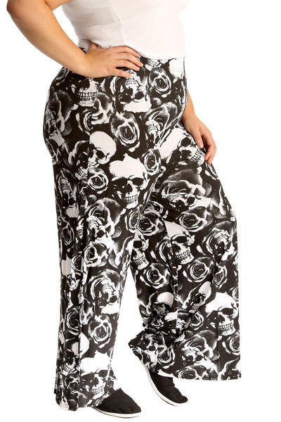 6112 Skull & Roses Print Palazzo Trouser