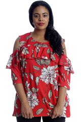 1223 Floral Print Frill Cold Shoulder Top