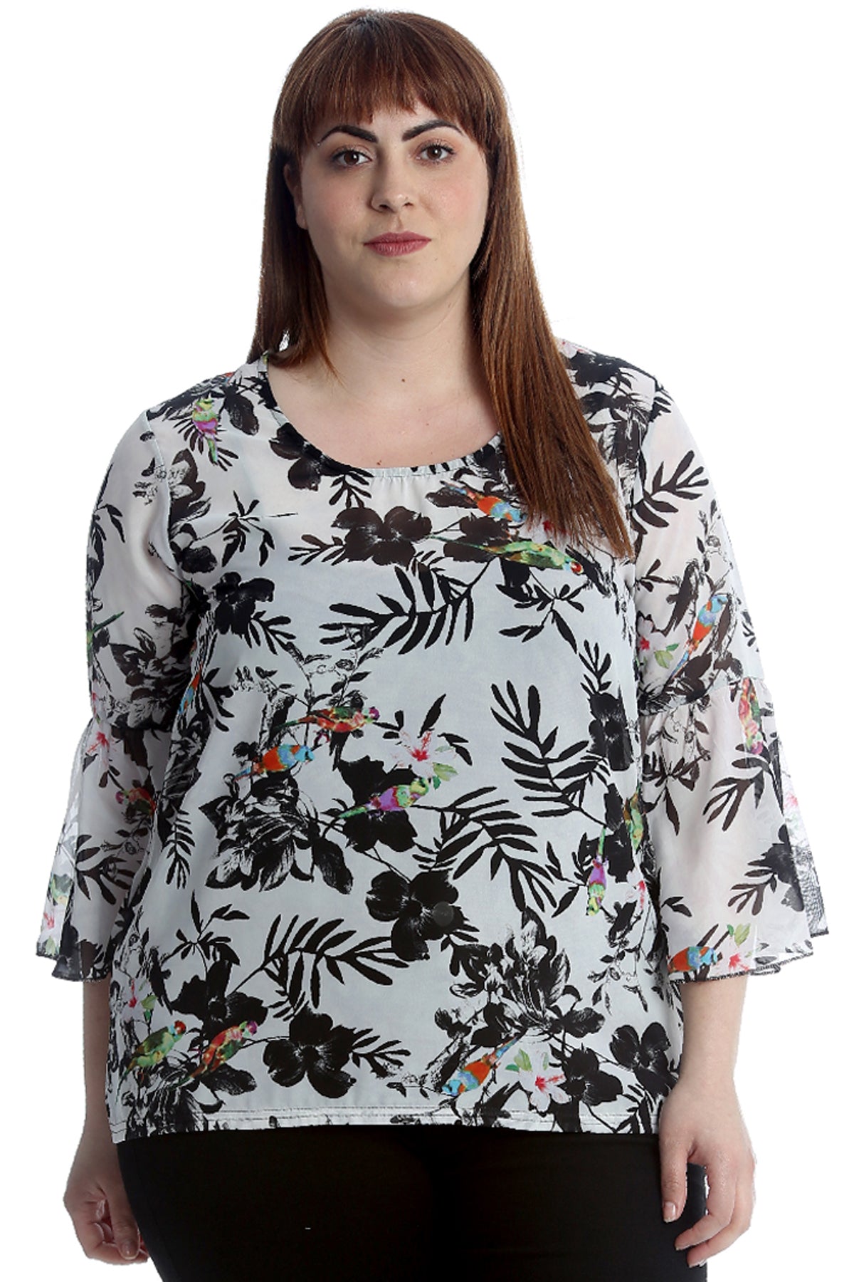 1545 Floral Leaf Print Chiffon Blouse