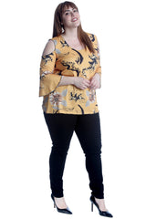 1652 Flower Print Cold Shoulder Bell Sleeve Top