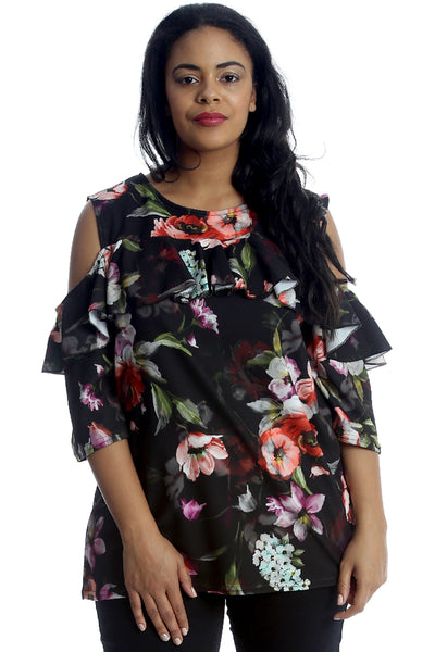 1402 Floral Print Cold Shoulder Top