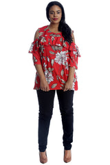1223 Floral Print Frill Cold Shoulder Top