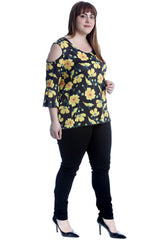 1651 Yellow Flower Print Cold Shoulder Bell Sleeve Top