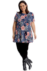 1731 Denim Style Floral Print Swing Top