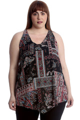1511 Abstract Paisley Print Chiffon Hanky Hem Top