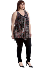 1511 Abstract Paisley Print Chiffon Hanky Hem Top