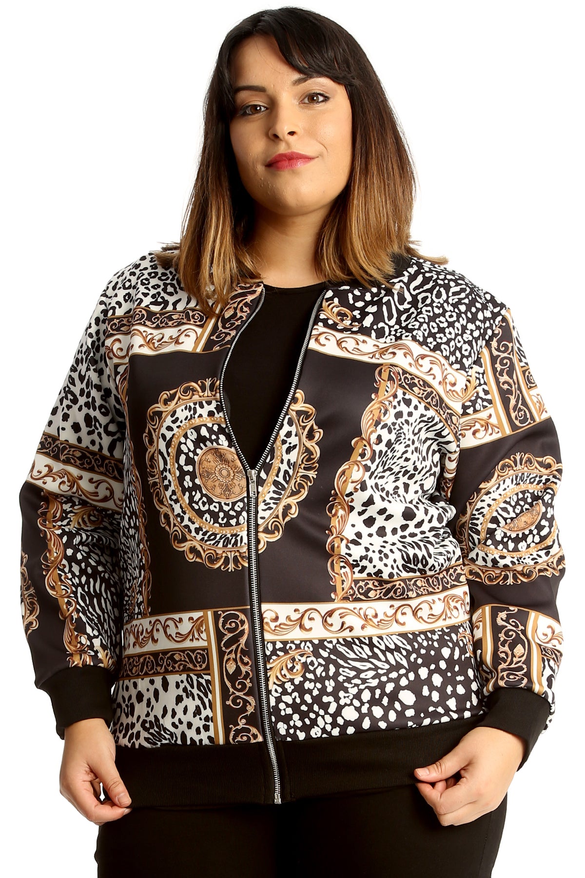 3258 Geomatric Leopard Print Bomber Jacket