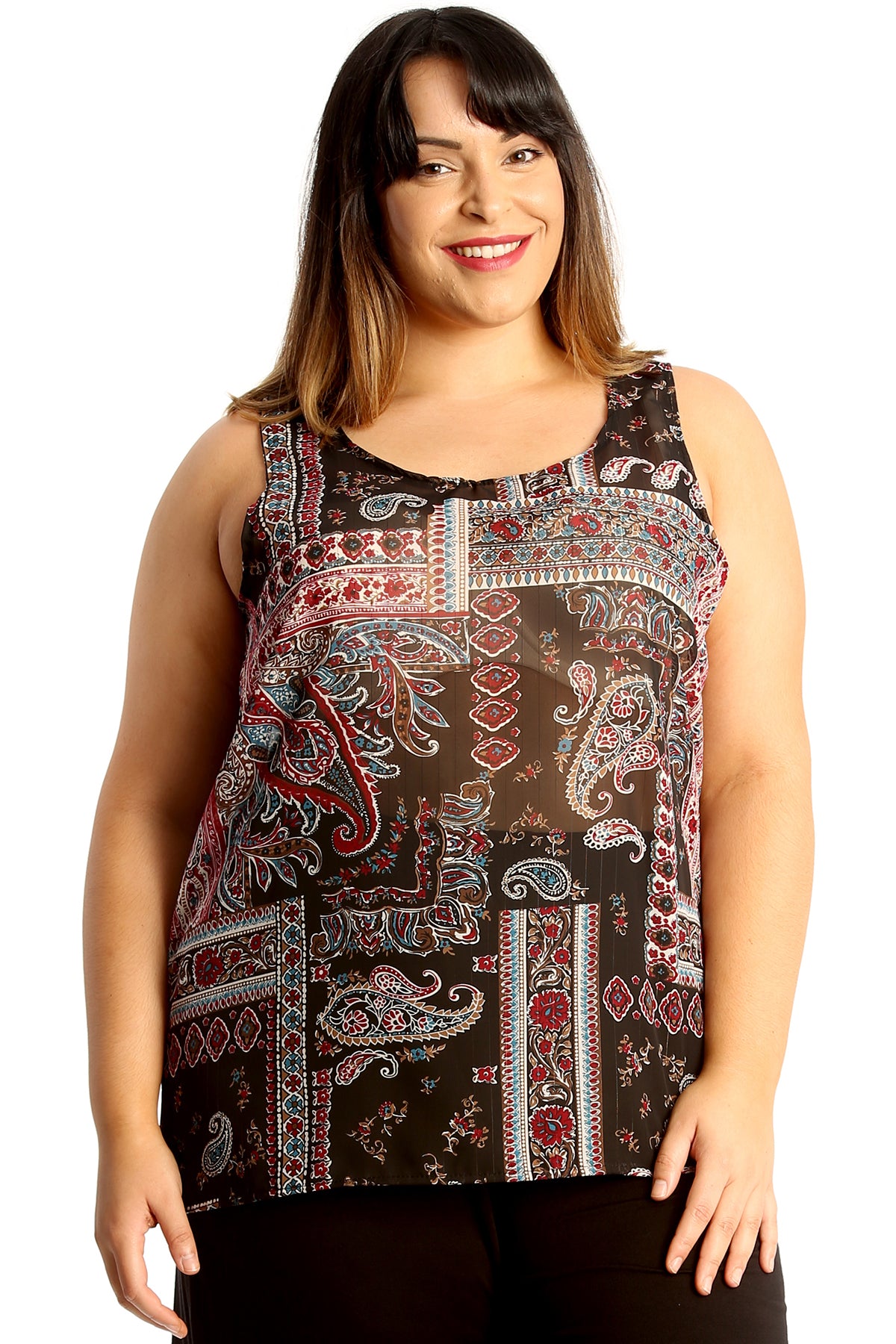 1704 Paisley Print Zip Back Chiffon Top