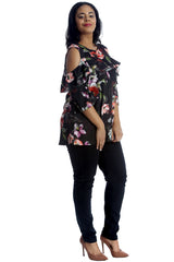1402 Floral Print Cold Shoulder Top